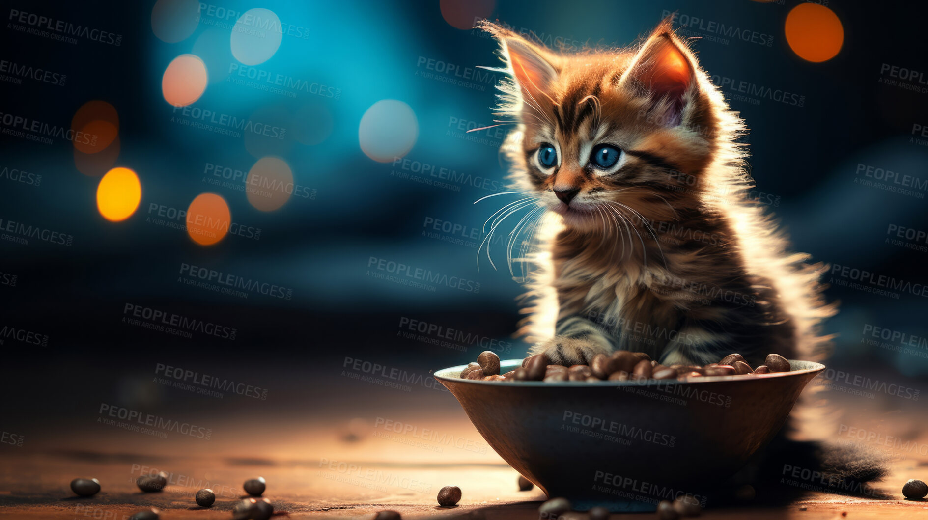 Buy stock photo Small kitten eating, looking at food bowl, illustrated.