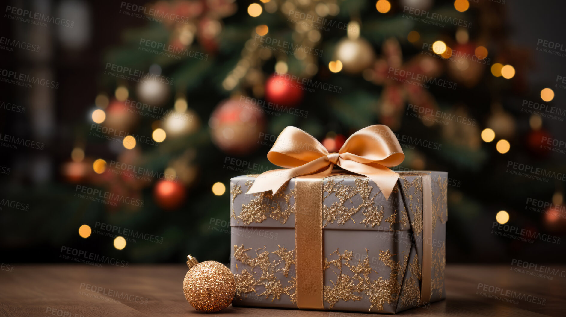 Buy stock photo Gift box with bow, on table with blurred lights.