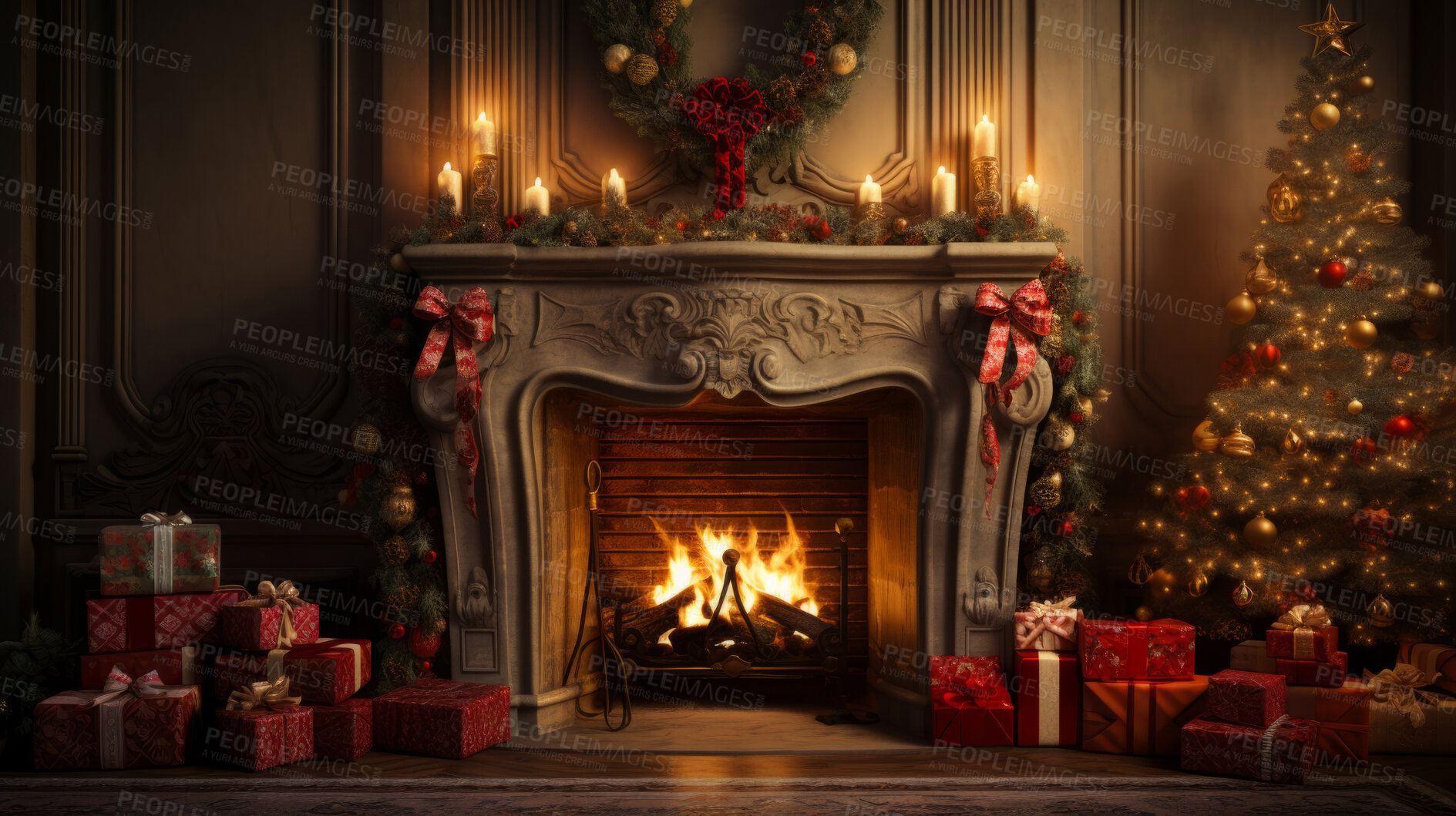 Buy stock photo Cozy fireplace at home with Christmas tree and presents.