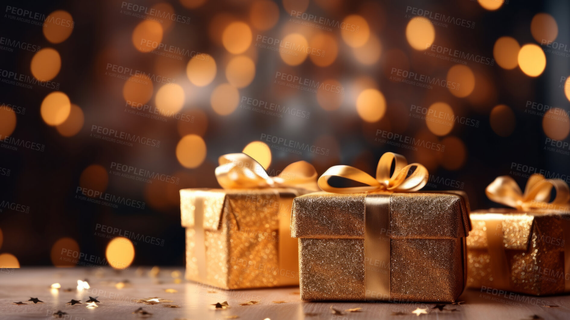 Buy stock photo Christmas gift box, gold wrapping, golden bow, bokeh background.