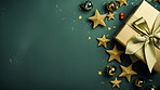 Christmas gift box, gold star, golden bow. Festive background.