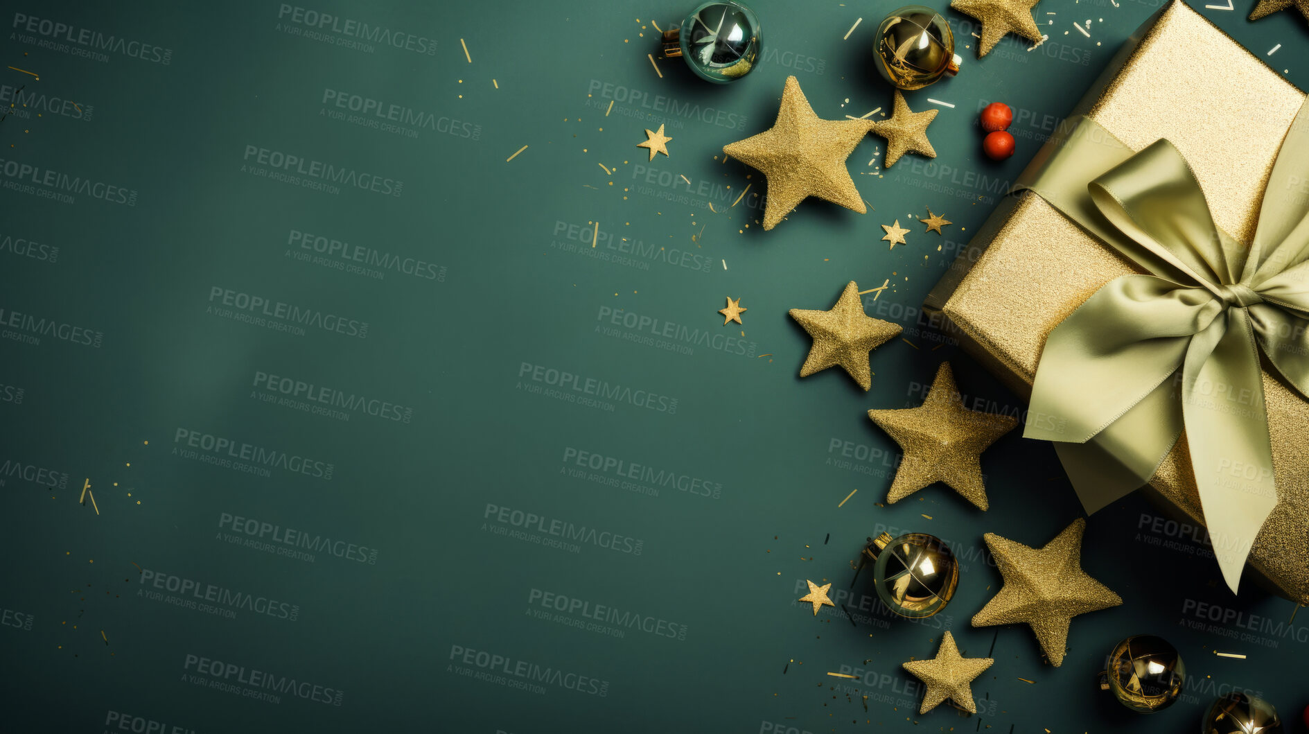 Buy stock photo Christmas gift box, gold star, golden bow. Festive background.