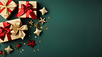 Christmas gift box, gold star, red and golden bow. Festive background.