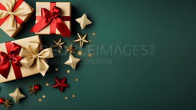 Christmas gift box, gold star, red and golden bow. Festive background.