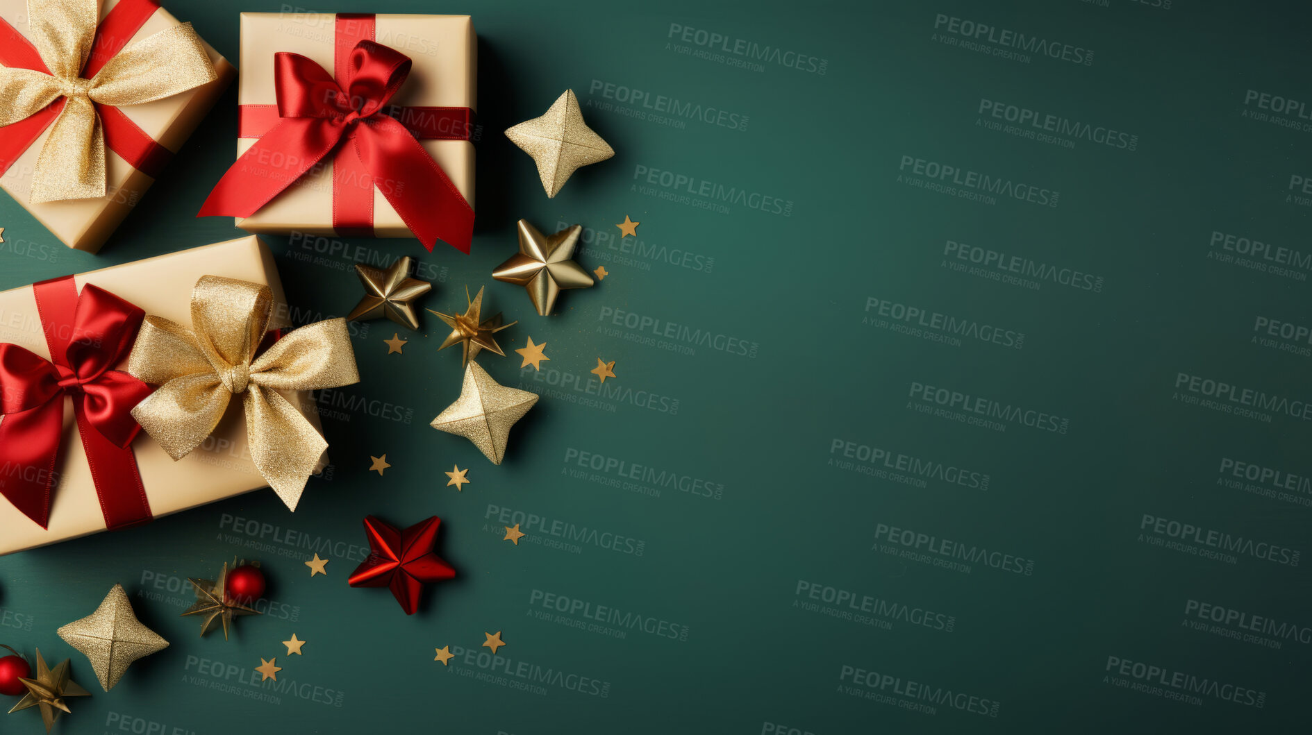 Buy stock photo Christmas gift box, gold star, red and golden bow. Festive background.