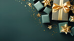 Christmas gift box, gold star, golden bow. Festive background.