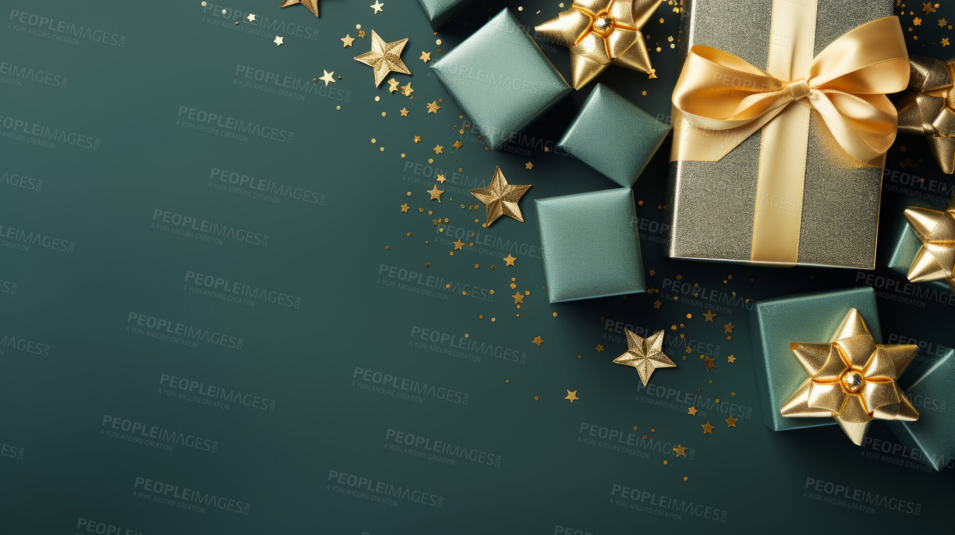 Buy stock photo Christmas gift box, gold star, golden bow. Festive background.