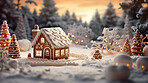 Gingerbread house with trees and snow in the background. Winter Wonderland.