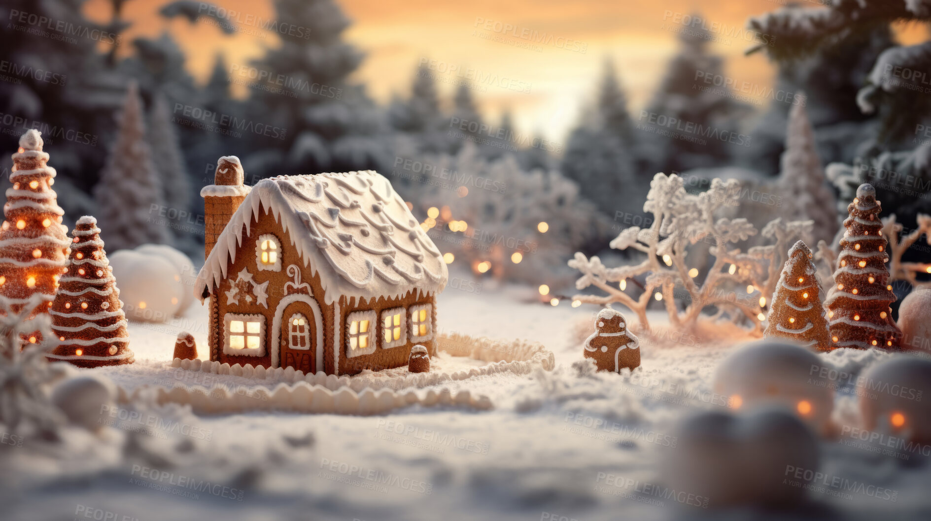 Buy stock photo Gingerbread house with trees and snow in the background. Winter Wonderland.