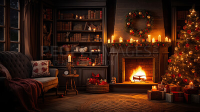 Buy stock photo Cozy fireplace at home with Christmas tree and presents.