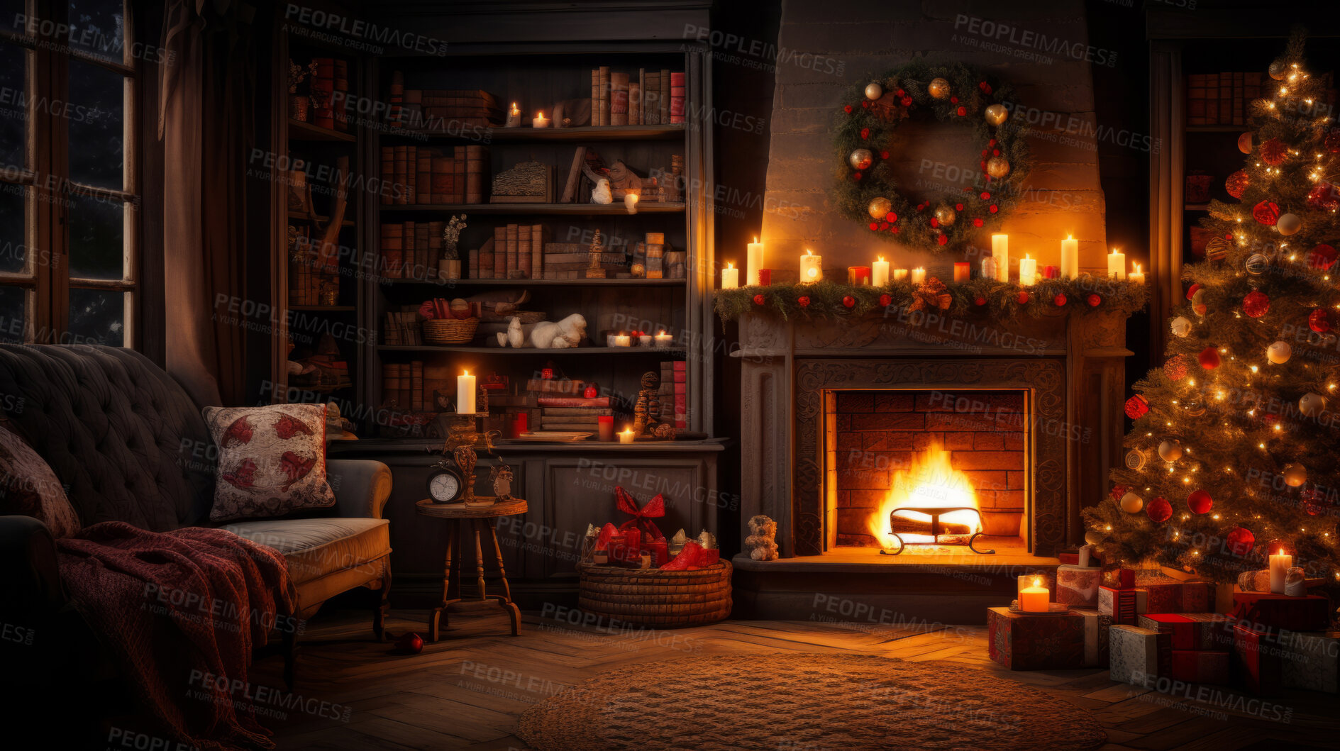 Buy stock photo Cozy fireplace at home with Christmas tree and presents.