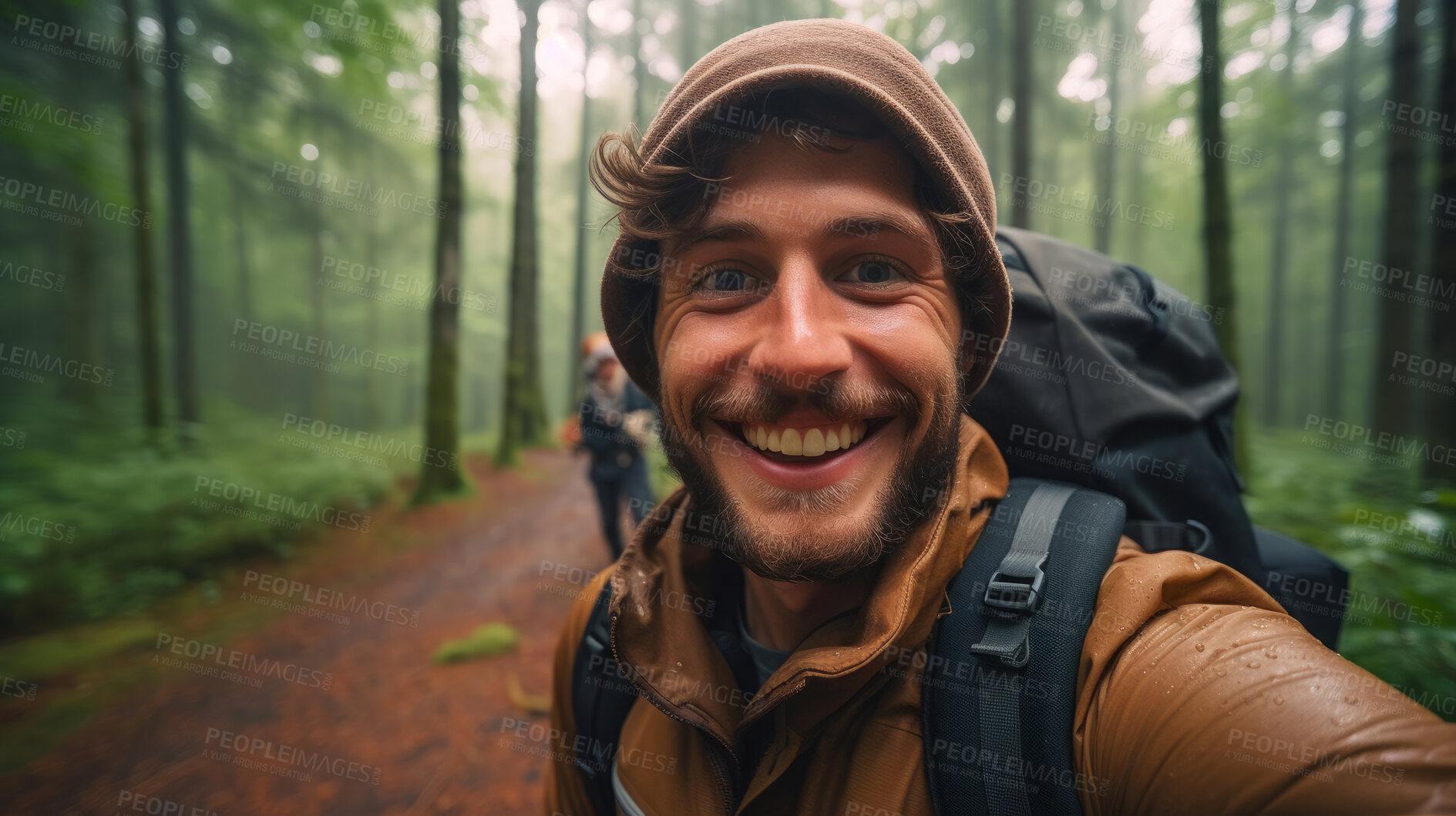 Buy stock photo Portrait of a man or male hiking in a forest. Happy, smiling and looking. Cheerful forest hiker