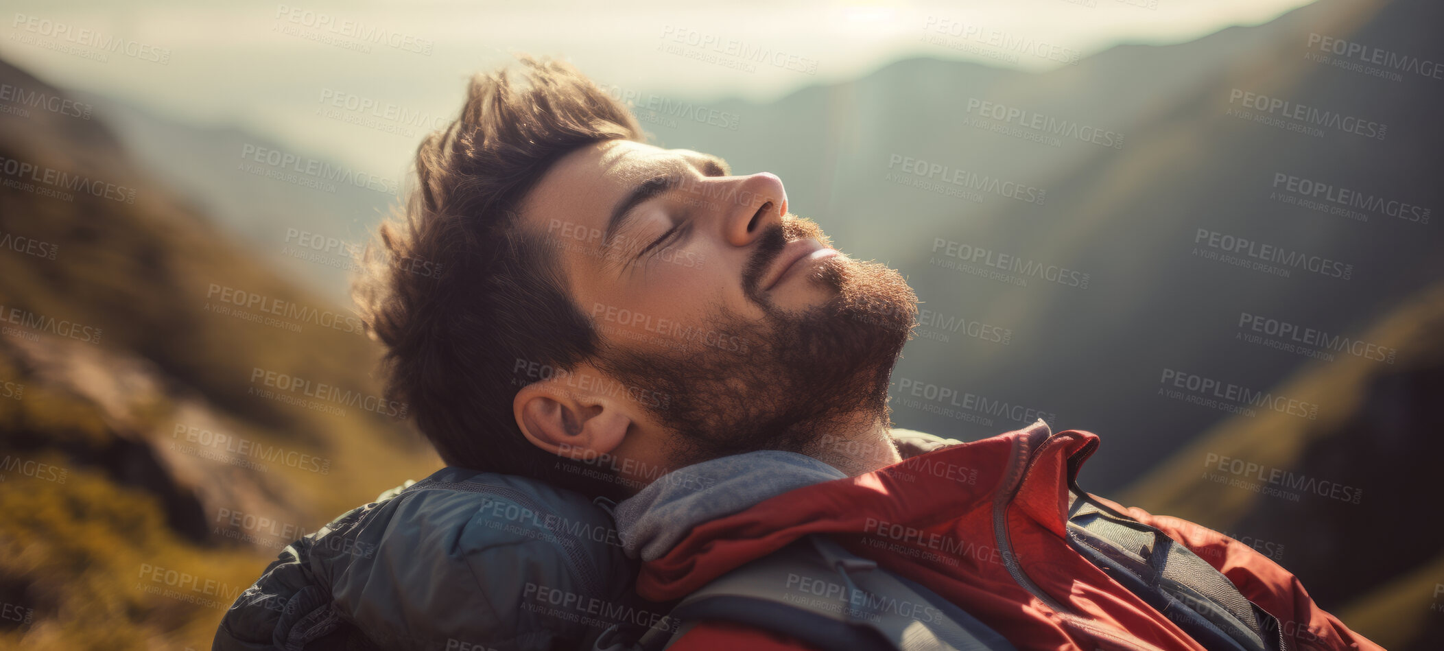 Buy stock photo Close-up of a man breathing in fresh air on hiking trail or meditation for mental health