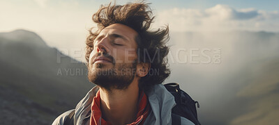 Buy stock photo Close-up of a man breathing in fresh air on hiking trail or meditation for mental health
