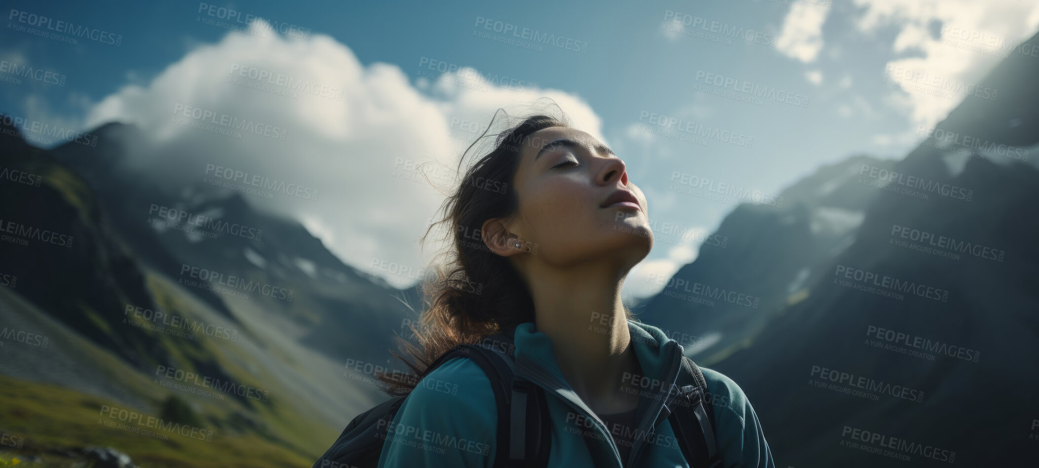 Buy stock photo Close-up of woman breathing in fresh air on hiking trail or meditation for mental health