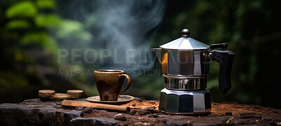 Close-up of coffee maker. Camping and cooking in nature equipment. Campsite utensil
