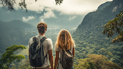 Buy stock photo Couple standing in the middle of a forest admiring the beautiful nature view. Explore and travel