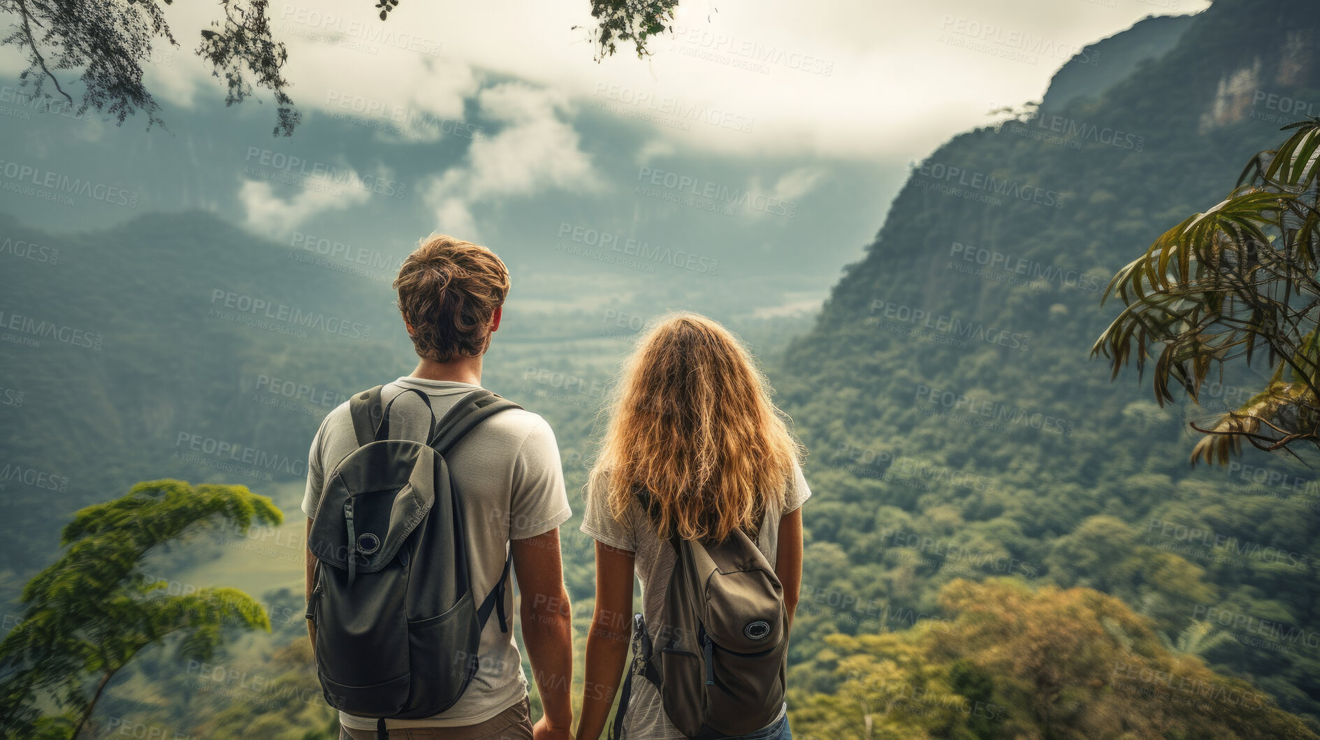 Buy stock photo Couple standing in the middle of a forest admiring the beautiful nature view. Explore and travel