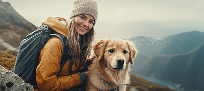 Girl hiking with dog. Portrait of woman and dog on a hiking trail. For fitness and exploration