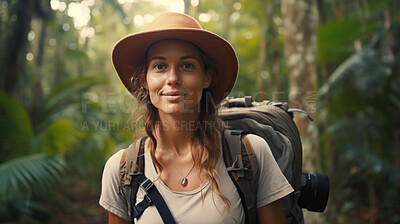 Portrait of a female hiking in a forest. Happy, smiling and looking. Cheerful forest hiker