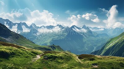 Landscape of mountain and blue sky. Hiking trail for exploration, travel, tourist or fitness