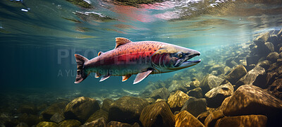 Salmon fish swimming in the river or fresh water in a forest. Under water view of salmon