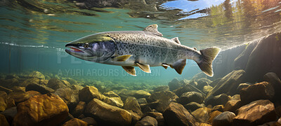 Salmon fish swimming in the river or fresh water in a forest. Under water view of salmon