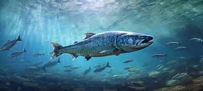 Buy stock photo Salmon fish swimming in the river or fresh water in a forest. Under water view of salmon