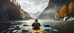 Kayak rear view of man. Male kayaking and exploring in a river. Tourist and travel