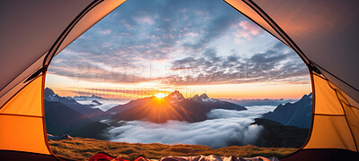 A camping tent in a nature. Mountain sunset or sunrise view from inside the tent