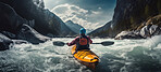 Kayak rear view of woman. Female kayaking and exploring in a river. Tourist and travel