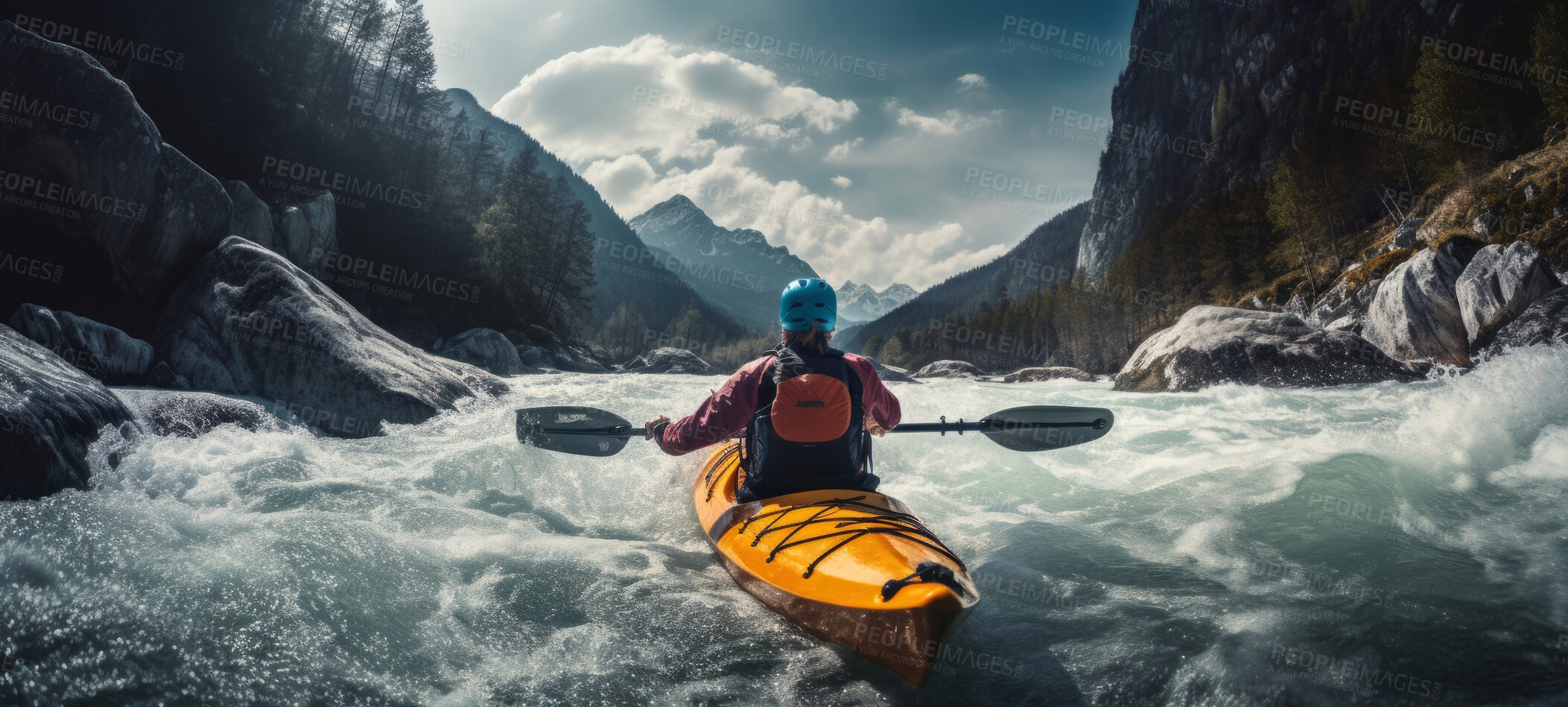 Buy stock photo Kayak rear view of woman. Female kayaking and exploring in a river. Tourist and travel