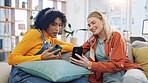 Friends, funny women and phone in home living room, comedy and meme on internet. Smartphone, girls and laughing at joke on social media, online email or website together on sofa in interracial house