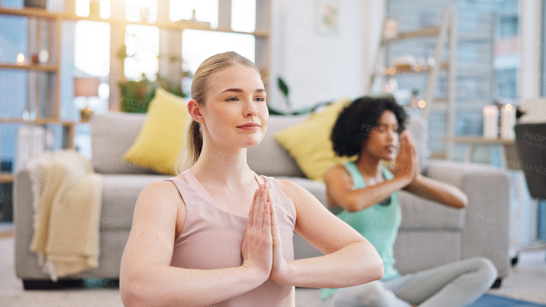 Buy stock photo Yoga, meditation and women in home together, fitness and mindfulness training in living room. Balance, breathing and workout, friends in holistic exercise in peace and zen for health in apartment.