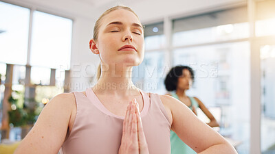 Meditation, yoga and wellness with woman in class for peace, fitness or spiritual health. Balance, mindfulness and zen with person and relax in studio for holistic, breathing and energy training