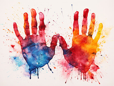 Handprints, watercolour and design with art, painting and decoration for texture, creative and background. Ai generated, banner and pattern with abstract fantasy and colours.