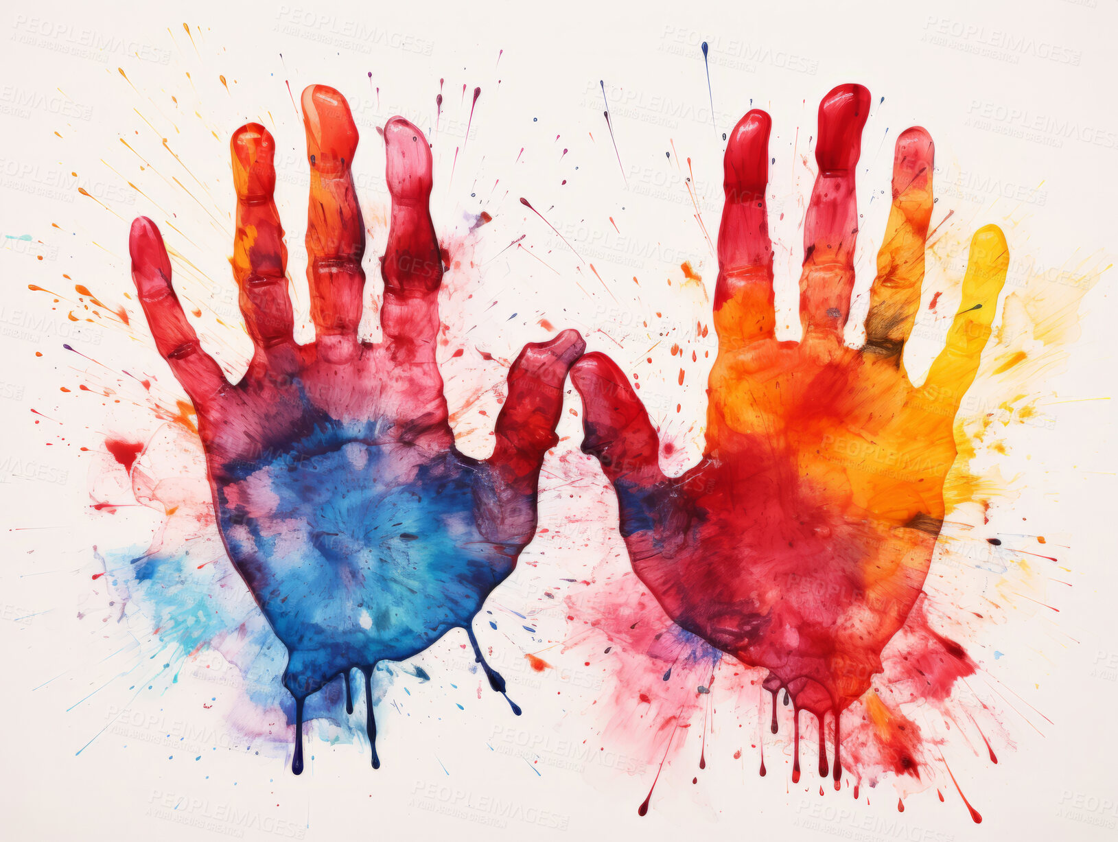 Buy stock photo Handprints, watercolour and design with art, painting and decoration for texture, creative and background. Ai generated, banner and pattern with abstract fantasy and colours.