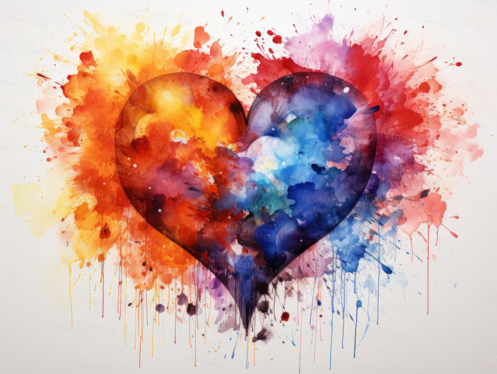 Buy stock photo Heart, watercolour and design with art, painting and decoration for texture, creative and background. Ai generated, banner and pattern with abstract fantasy and colours.