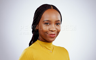 Buy stock photo Woman, portrait or smile in studio as proud student or growth mindset for career by white background. Young, african person and face with happy for scholarship, university education and mock up space