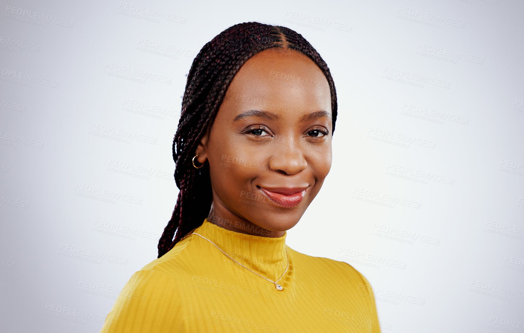 Buy stock photo Woman, portrait or smile in studio as proud student or growth mindset for career by white background. Young, african person and face with happy for scholarship, university education and mock up space