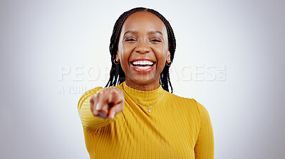 Buy stock photo Happy, portrait and black woman with hand pointing at you in studio for choice, vote or decision on grey background. Recruitment, opportunity and face of female model with emoji finger for job offer