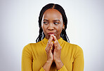 Thinking, black woman and scheme hands in studio for evil, planning or revenge on grey background. Plotting, villain and African female model with steeple emoji for brainstorming, spy or mischief