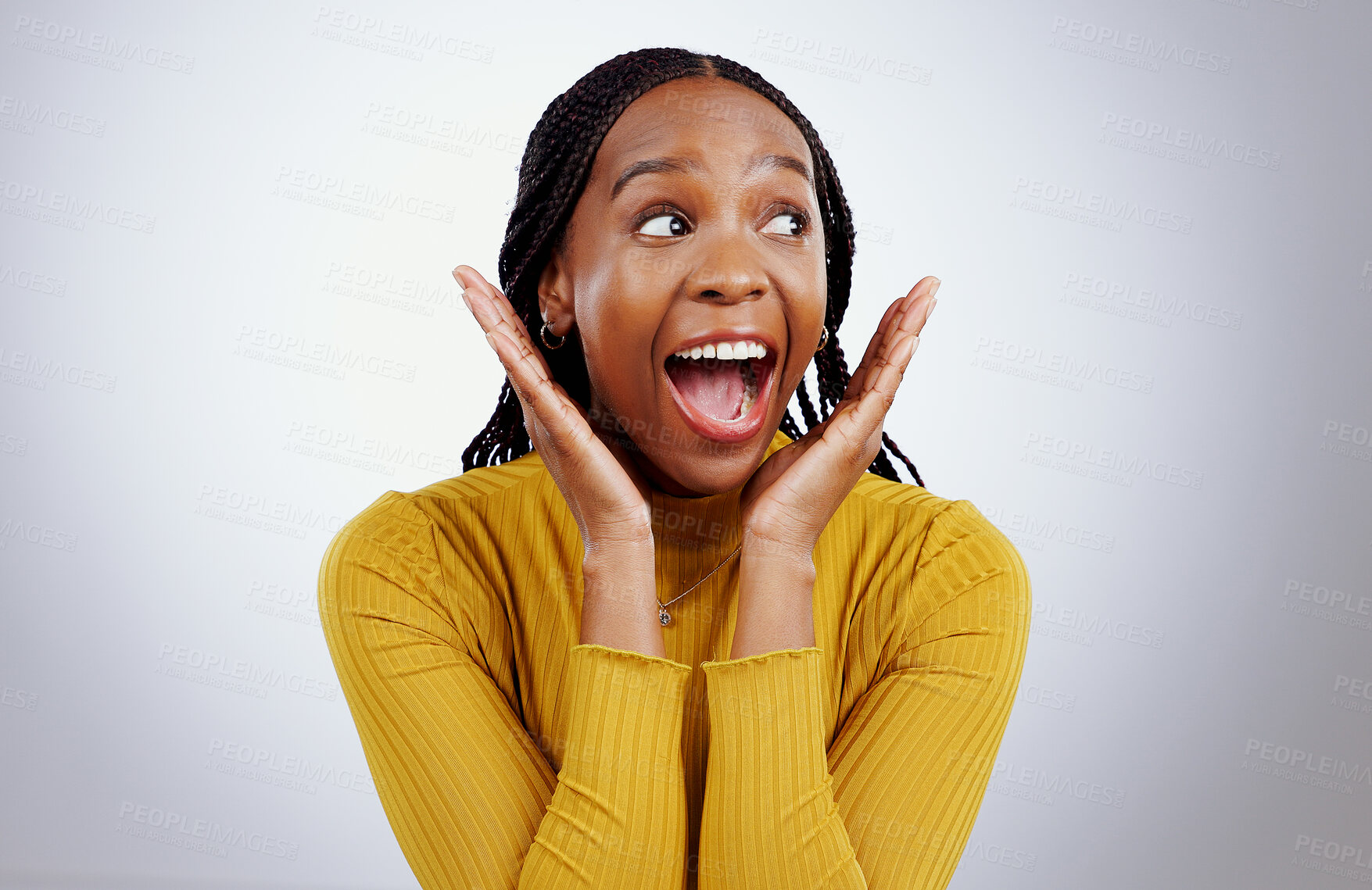 Buy stock photo Surprise, wow and hands on face of black woman in studio for announcement, news or promo on grey background. Omg, emoji and excited African female model with secret, deal or giveaway, lotto or info