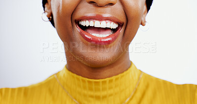 Buy stock photo Teeth, smile and closeup of black woman with beauty, lips or happiness in studio white background. Mouth, dental care or African model laugh with skincare, dermatology or wellness from healthcare