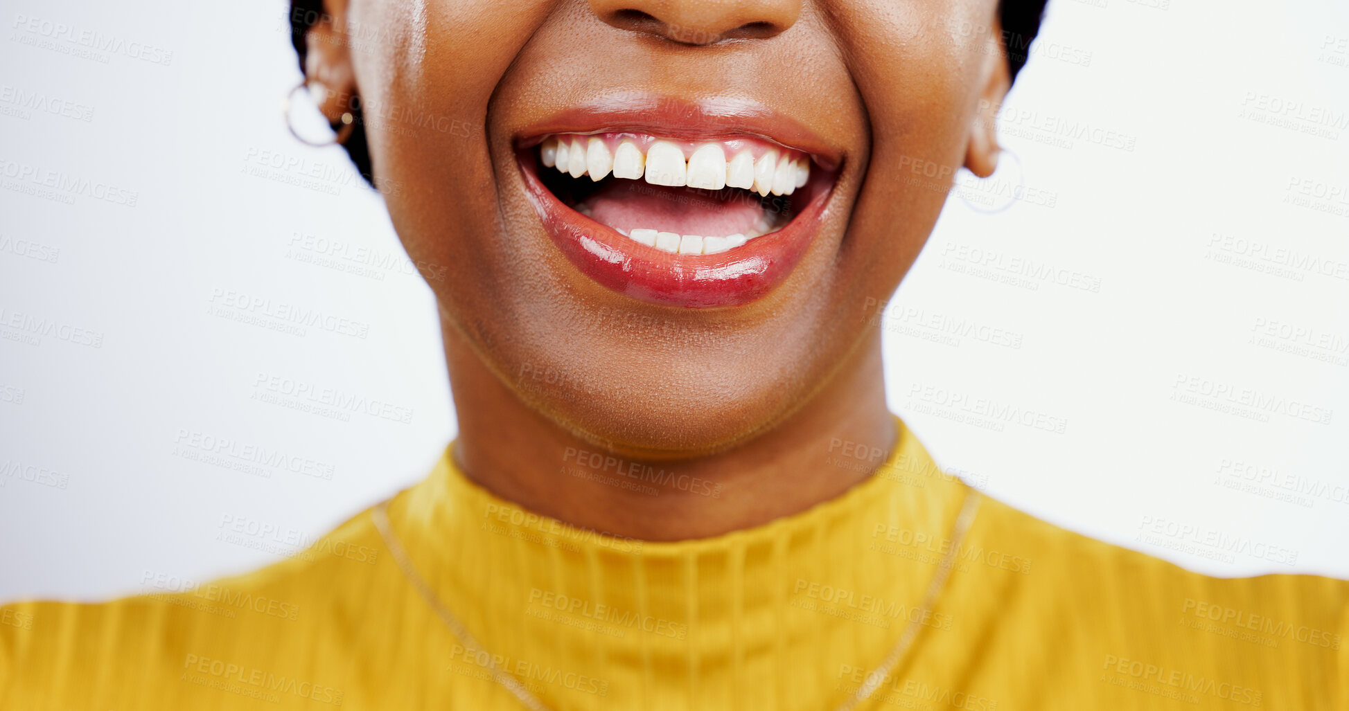 Buy stock photo Teeth, smile and closeup of black woman with beauty, lips or happiness in studio white background. Mouth, dental care or African model laugh with skincare, dermatology or wellness from healthcare