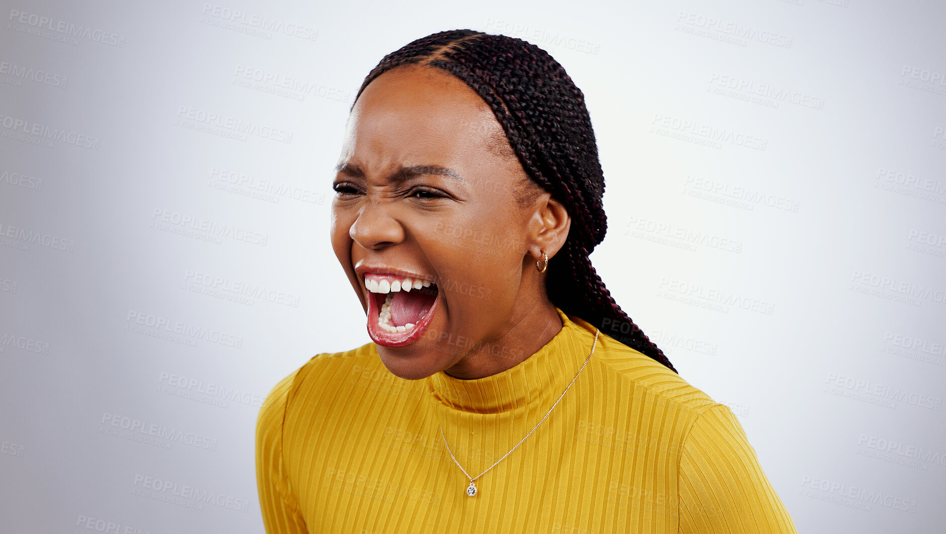 Buy stock photo Angry, scream and frustrated face of black woman shout and yelling in studio white background. Crisis, stress and person voice anger, rage or crazy emoji with problem, mistake or annoyed with fail