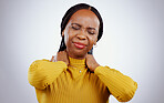 Woman, neck pain and stress or frustrated, studio and inflammation by gray background or tired. Black female person, injury and joint or muscle arthritis, massage and strain or tension of nerve