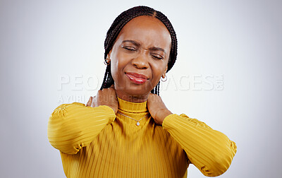 Buy stock photo Woman, neck pain and stress or frustrated, studio and inflammation by gray background or tired. Black female person, injury and joint or muscle arthritis, massage and strain or tension of nerve