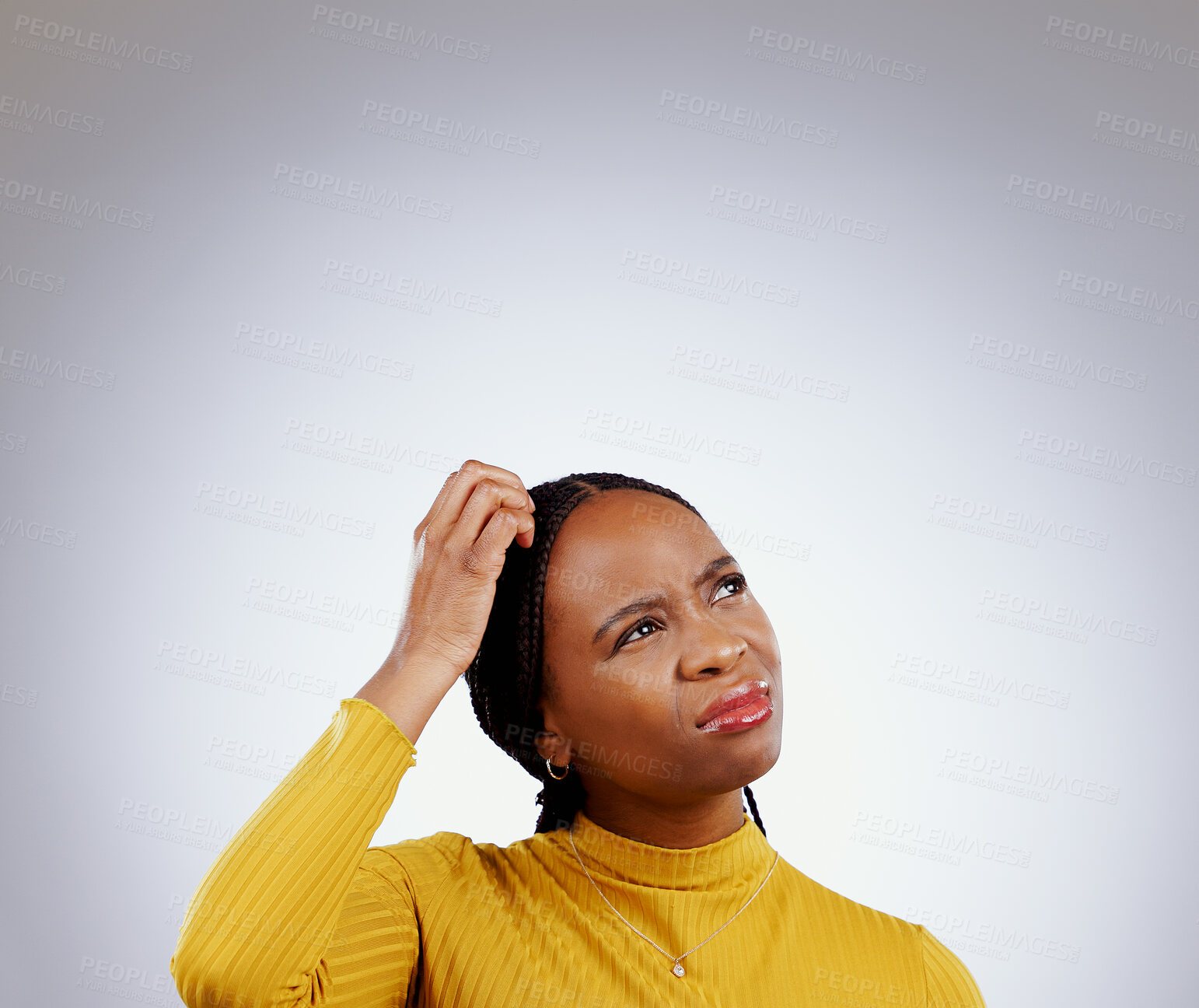 Buy stock photo Thinking, solution and black woman in a studio with memory, brainstorming and planning facial expression. Guess, question and young African female model with confused face isolated by gray background