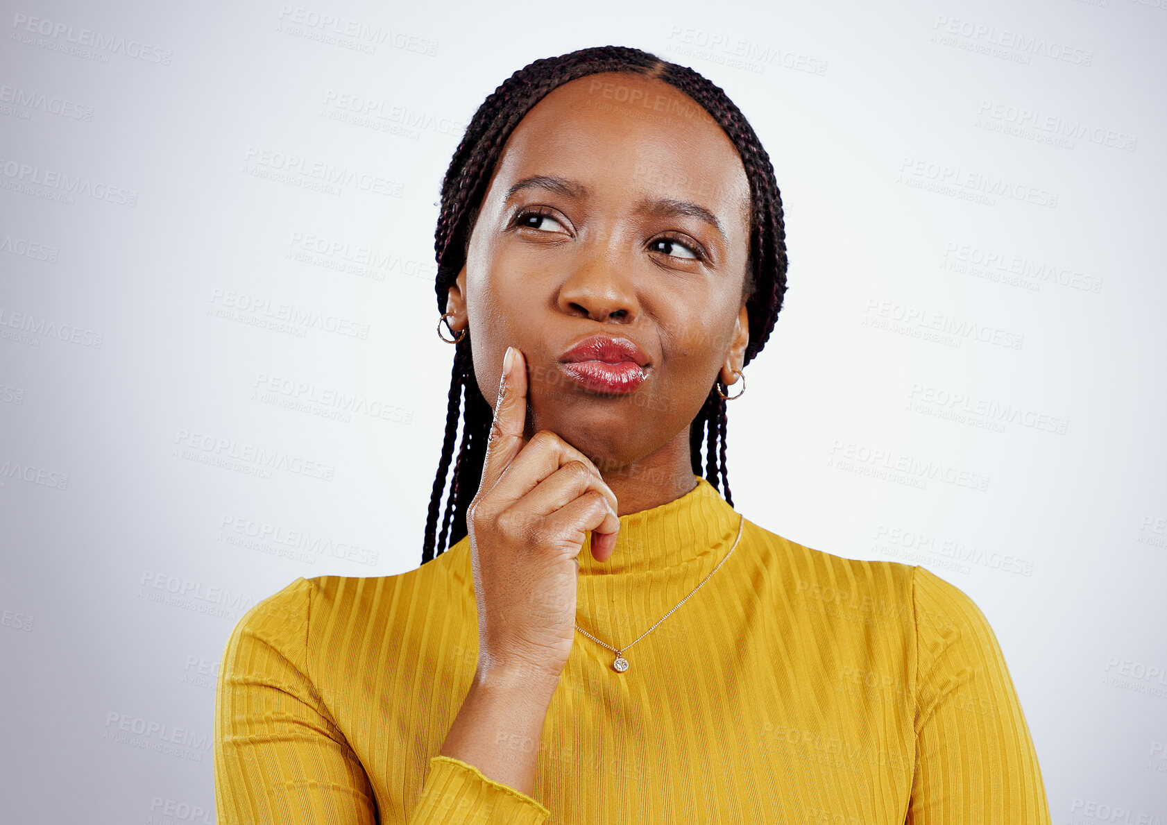 Buy stock photo Thinking, guess and black woman in a studio with memory, brainstorming and planning facial expression. Guess, question and young African female model with a confused face isolated by gray background.